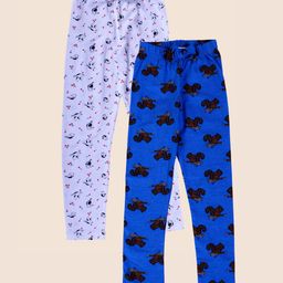 Junitos Pack Of 2 Cotton Bird Printed Ankle Length Leggings - White & Blue-image-94