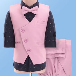 Robo Fry Woven Full Sleeves Solid Color 3 Piece Party Suit With Bow - Pink-image-52