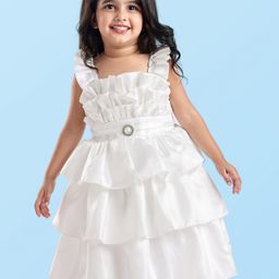 Babyhug Woven Frill Sleeves Solid Colour it & Flared Layered Party Frock & Applique - White-picture-15
