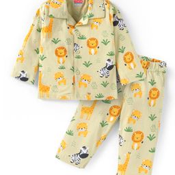 Babyhug Cotton Knit Full Sleeves Collar Neck Night Suit with Animals Print - Light Green-image-50