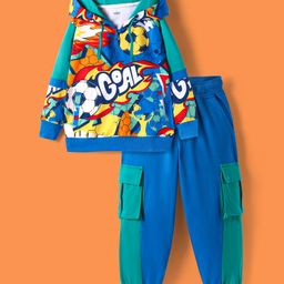 Ollington St. 100% Cotton Knit Full Sleeves Hooded Cut & Sew Sweatshirt & Joggers Set with Football Print - Blue-image-103