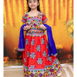 BownBee Pure Cotton Navratri Theme Half Sleeves Floral & Ethnic Motifs Embroidered Lehenga Choli Set With Dupatta - Red-picture-10