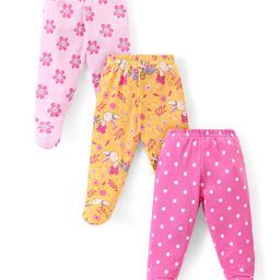 Babyhug  Cotton Knit Bootie Leggings with Floral Print Pack of 3 - Pink & Yellow-image-14