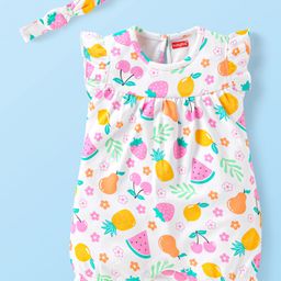 Babyhug Interlock Knit Frill Sleeves Romper With Fruit Print & Hairband - White-image-42