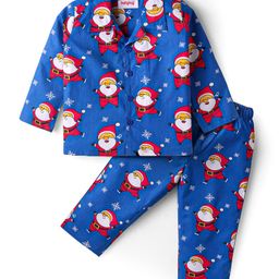 Babyhug Cotton Woven Full Sleeves Front Open Night Suit with Santa Print - Blue-image-58