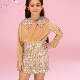 Cutecumber Velvet Full Sleeves Sequins Embellished & Colour Blocked Dress - Beige-image-63