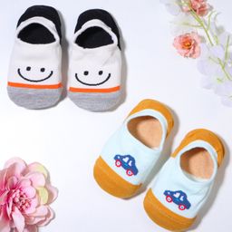KIDLINGSS Cotton Pack Of 2 Car & Smiley Designed Anti Skid Loafer Socks - Yellow & White-image-97