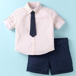 Simply Premium Cotton Woven Full Sleeves Polka Dot Printed Shirt & Shorts Set With Tie - Cream-image-56