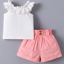 Mark & Mia Frill Sleeves Solid Color Top & Shorts Set - White & Pink-image-54