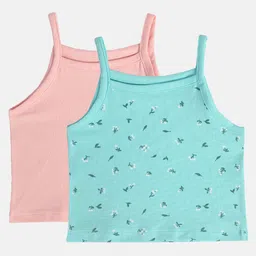 MINI KLUB Cotton Pack Of 2 Sleeveless Solid & Floral Printed Camisoles - Pink & Green-picture-4