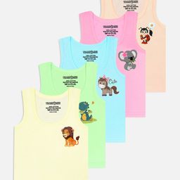Trampoline Cotton Pack of 5 Sleeveless Animals Printed Vests - Multi Colour-image-49