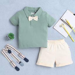BUMZEE Cotton Knit Half Sleeves Solid Print T-Shirt & Short Set With Suspender Bow - Green & Beige-image-45