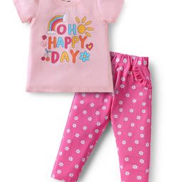Doodle Poodle 100% Cotton Knit Half Sleeves T-Shirt & Trouser Set With Floral Print - Light & Dark Pink-image-55