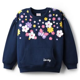 Babyhug Fleece Knit Full Sleeves Floral Applique & Butterfly Printed Sweatshirt - Navy Blue-image-6