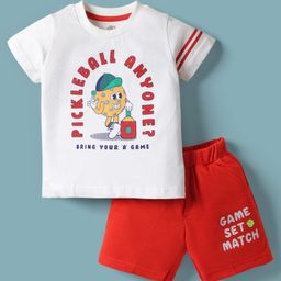 Zero Sinker Knit Half Sleeves T-Shirt & Shorts Set With Pickleball Print - White & Red-picture-16