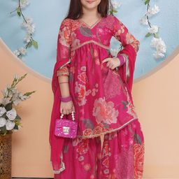 Little Zing Girls Floral Printed Kurta With Sharara & Dupatta Kurta Set-image-34