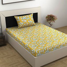 Divine Casa Gold-Toned & White Floral 144 TC Single Bedsheet with 1 Pillow Covers-image-68