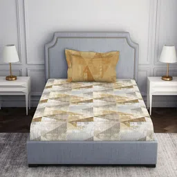 SPACES Atrium2024 Brown Geometric Pure Cotton 144 TC Single Bedsheet & 1 Pillow Cover-image-56