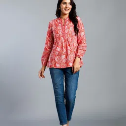 Fab Star Women Ethnic Motifs Printed Notched Neck Peplum Cotton Top-picture-7