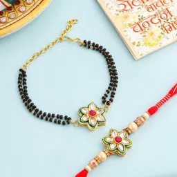Anouk Kundan Studded Floral Bhaiya Bhabhi Rakhi With Roli Chawal Chandan Mishri-image-67