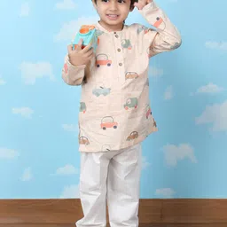 Polka Tots Boys Car Printed Pure Cotton Straight Kurta with Trouser-36