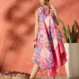 InWeave Floral Printed Chanderi A-Line Midi Dress-image-9