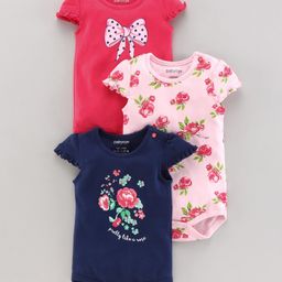Babyoye Short Sleeves Onesie Floral & Bow Print Pack of 3 - Pink Blue-image-90