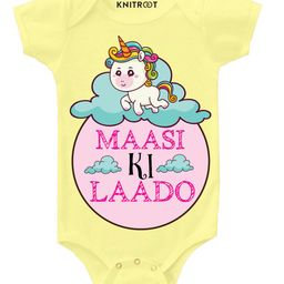 KNITROOT Short Sleeves Maasi Ki Laado Printed Onesie - Yellow-picture-3
