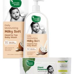 Mother Sparsh Baby Daily Moisturizing Milky Soft Head to Toe Baby Wash - 400 ml & Mother Sparsh Baby Plant Powered Natural Baby Wipes With Cucumber Extract - 60 Pieces-image-71