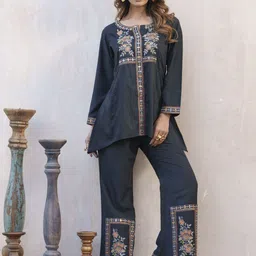 Sangria Embroidered Round Neck Tunic With Trousers Co-Ords-picture-46