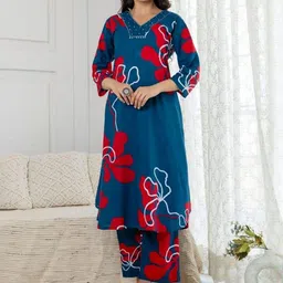 INDYES Women Floral Printed Pure Cotton Kurta with Trousers-47