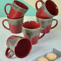 Myntra Elegant Homes Red & Grey 6 Pieces Textured Ceramic Glossy Cups And Mugs 170ML-19