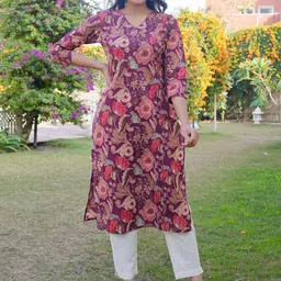 KALINI Floral Printed V-Neck Three-Quarter Sleeves Pure Cotton Straight Kurta-picture-21