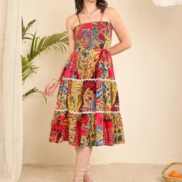 WineRed Women Abstract Printed Tiered Cotton Fit & Flare Dress-picture-35