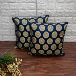 RoyalDeco Navy Blue & Gold-Toned Set of 2 Ethnic Motifs Square Cushion Covers-image-79