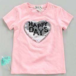 Memory Life Half Sleeves Tee Heart Shape Sequin Flip Design - Light Pink image 2