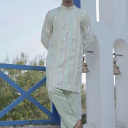 Stuffie Land Men Embroidered Regular Mirror Work Dupion Silk Kurta with Pyjamas-picture-4