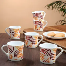 Larah by BOROSIL White & Brown 6 Pieces Printed Opalware Glossy Mugs-100 ml-15