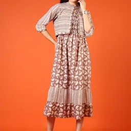 V-Mart Printed Shoulder Strap Neck Cotton Fit & Flared Ethnic Dresses With Jacket-image-52