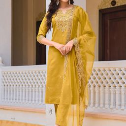 KALINI Women Ethnic Motifs Embroidered Regular Sequinned Chanderi Cotton Kurta with Trousers & With Dupatta-32