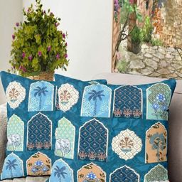 Blue Grass Blue & Brown 2 Pieces Ethnic Motifs Printed Velvet Square Cushion Covers-image-102