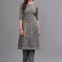MAUKA Ethnic Motifs Embroidered A-Line Kurta With Trouser-image-11