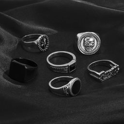 StyleCast x Revolte Men Set Of 6 Silver-Plated Stones-Studded Finger Rings-15