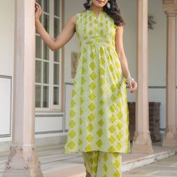 Janasya Women Lime Green Pure Cotton Geometric Printed A-line Kurta Pant Set-image-10
