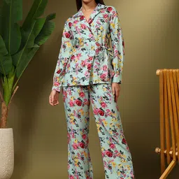 Kotty Green and Pink Printed Notched Lapel Collar Blazer With Trousers-image-5