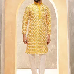 Anouk Mustard Ethnic Motifs Embroidered Band Collar Straight Kurta-image-19