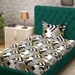KLOTTHE White & Green Geometric Printed 300 TC Single Bedsheet Set 2.25 x 1.50 m-19