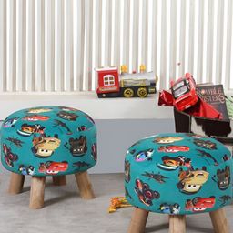 Shadowkart Set Of 2 Blue & Red Graphic Printed Wooden Round Shaped Ottomans-4