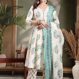 HERE&NOW Women Floral Pleated Pure Cotton Kurta & Trousers With Dupatta-picture-18