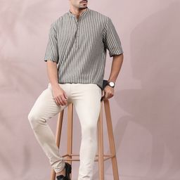 FILORI STUDIO Striped Band Collar Pure Cotton Short Kurta-13